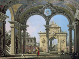 Capriccio eines Triumphbogens durch ein verziertes Tor gesehen, ca. 1750